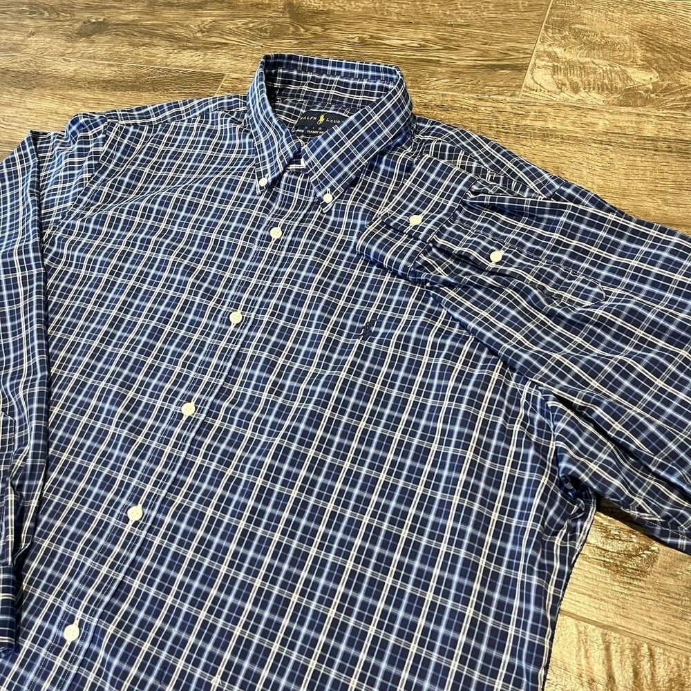 Polo Ralph Lauren Shirt Mens 2XL Blue Plaid Classic Fit Performance Long Sleeve